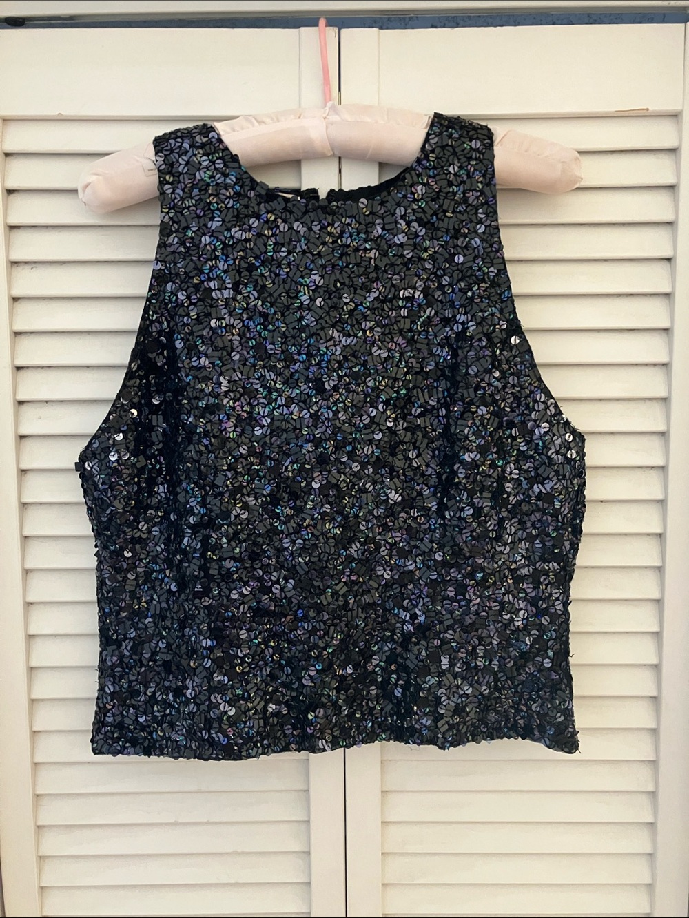 Vintage Black Sequin Laurence Kazar Cropped Sleeveless Top Size Large